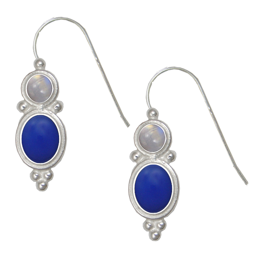 Sterling Silver Drop Dangle Earrings Blue Onyx And Rainbow Moonstone